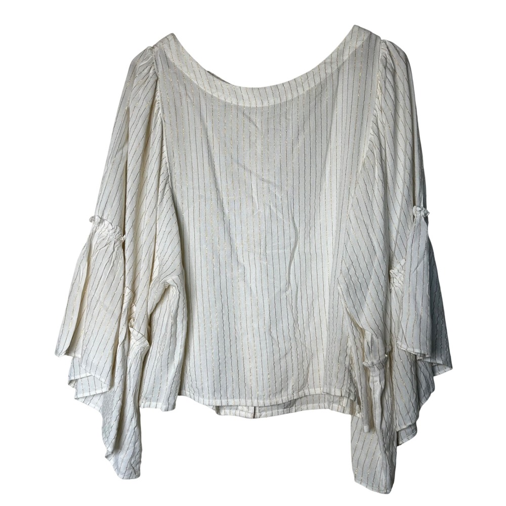 Floreat Women's Blouse Size L White Gold Stripe Ruffle Sleeve Bohemian‎ Top